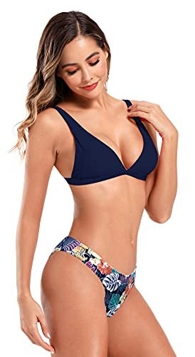 Shekini Mujer Traje de Baño Dos Piezas Elegante Cuello Bajo Ajustable Bikini Top Bañador Bikini Set Cintura Baja Triángulo Parte Inferior de Bikini (Azul Oscuro, S) Reacondicionado Online Sale