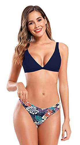 Shekini Mujer Traje de Baño Dos Piezas Elegante Cuello Bajo Ajustable Bikini Top Bañador Bikini Set Cintura Baja Triángulo Parte Inferior de Bikini (Azul Oscuro, S) Reacondicionado Online Sale