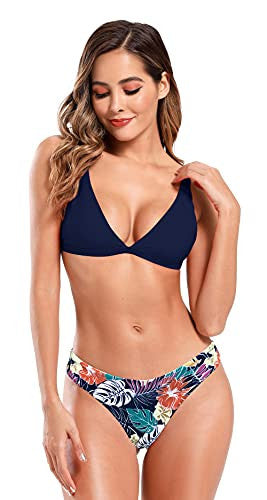 Shekini Mujer Traje de Baño Dos Piezas Elegante Cuello Bajo Ajustable Bikini Top Bañador Bikini Set Cintura Baja Triángulo Parte Inferior de Bikini (Azul Oscuro, S) Reacondicionado Online Sale