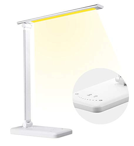 Lámpara Escritorio LED, Lamparas de Mesa con 10 Niveles de Brillo y 5 Modos, Puerto de Carga USB, Lampara Recargable, Control Táctil, Función de Memoria, Protege los Ojos Desk Lamp, Blanco Supply