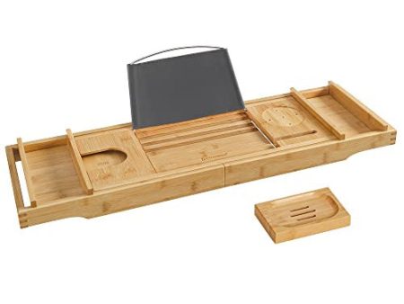 Songmics Bandeja para Bañera de Bambú, Puente de Bañera Extensible con Ranura para Tazas, Tableta, Teléfono y Jabón, (75-109) x 23 x 4, 5 cm, Natural BCB88Y Reacondicionado Online now